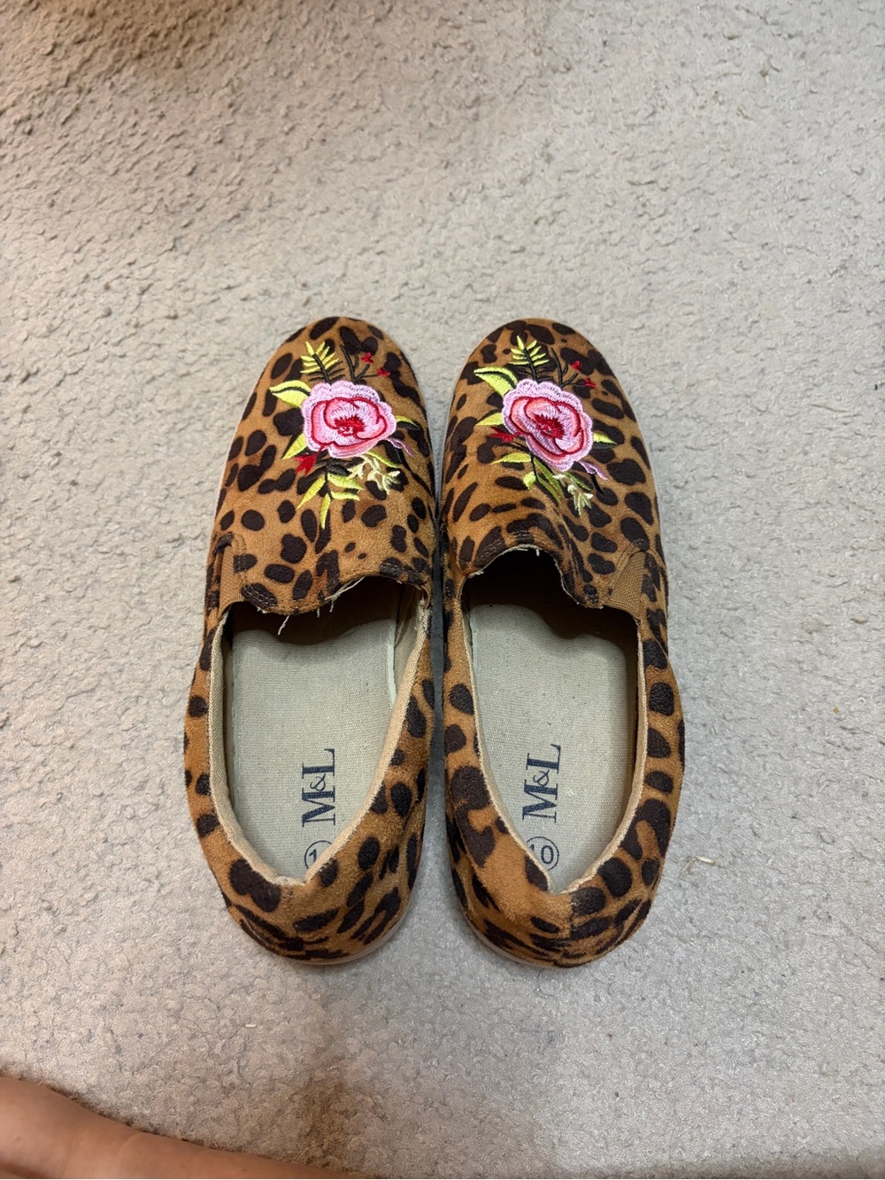 M&L  “ GRACE” Leopard Slip-On Shoes with Pink Floral Embroidery